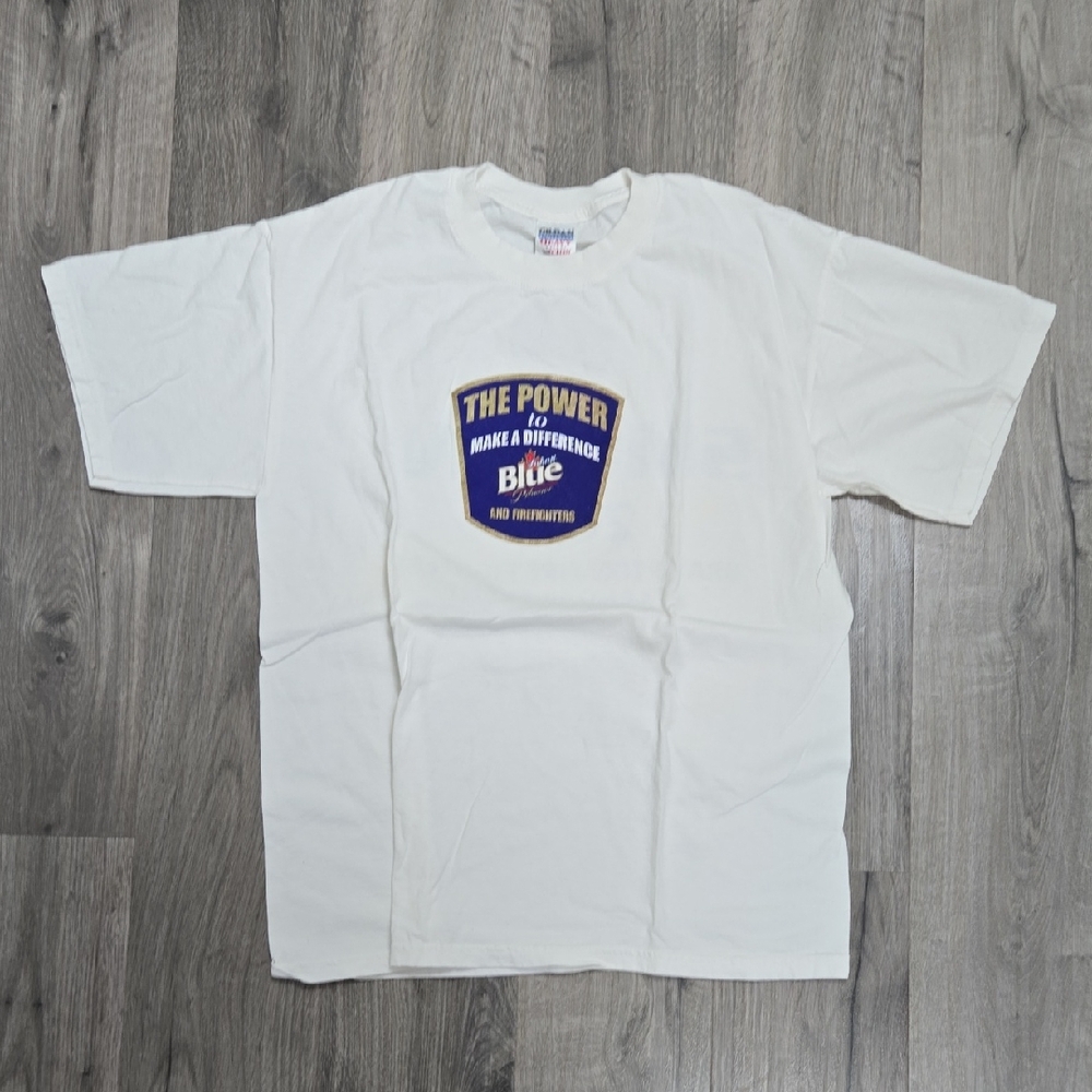 White Graphic T-Shirt with Blue and Gold Design